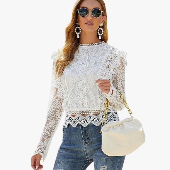 White Lace Blouse Mock Neck sz S - Picture 2 of 14